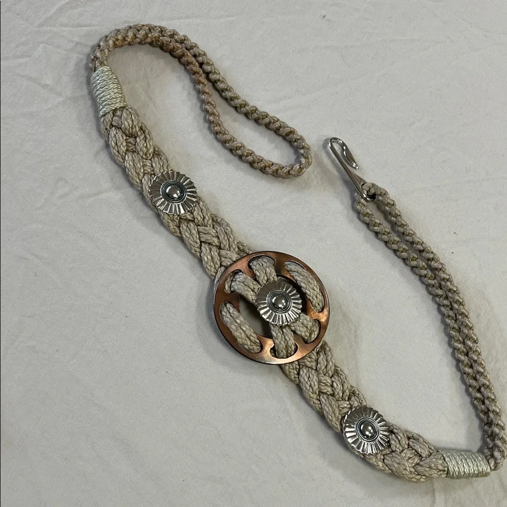 Macrame bohemian belt with metal details 32” natural color